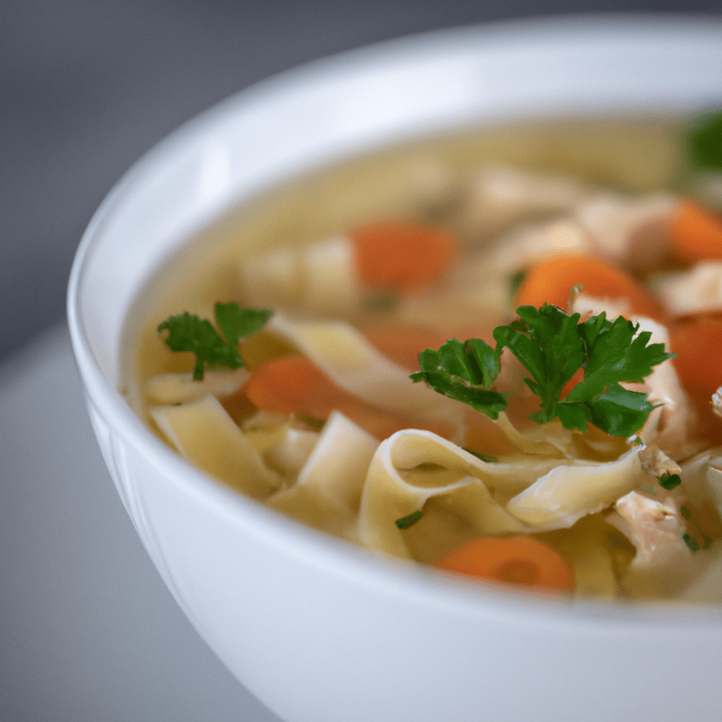 A bowl of delicious chicken noodle soup topped with fresh herbs. Perfect comfort food for the whole family.. Sigma 85 mm f/1.4. No text.
