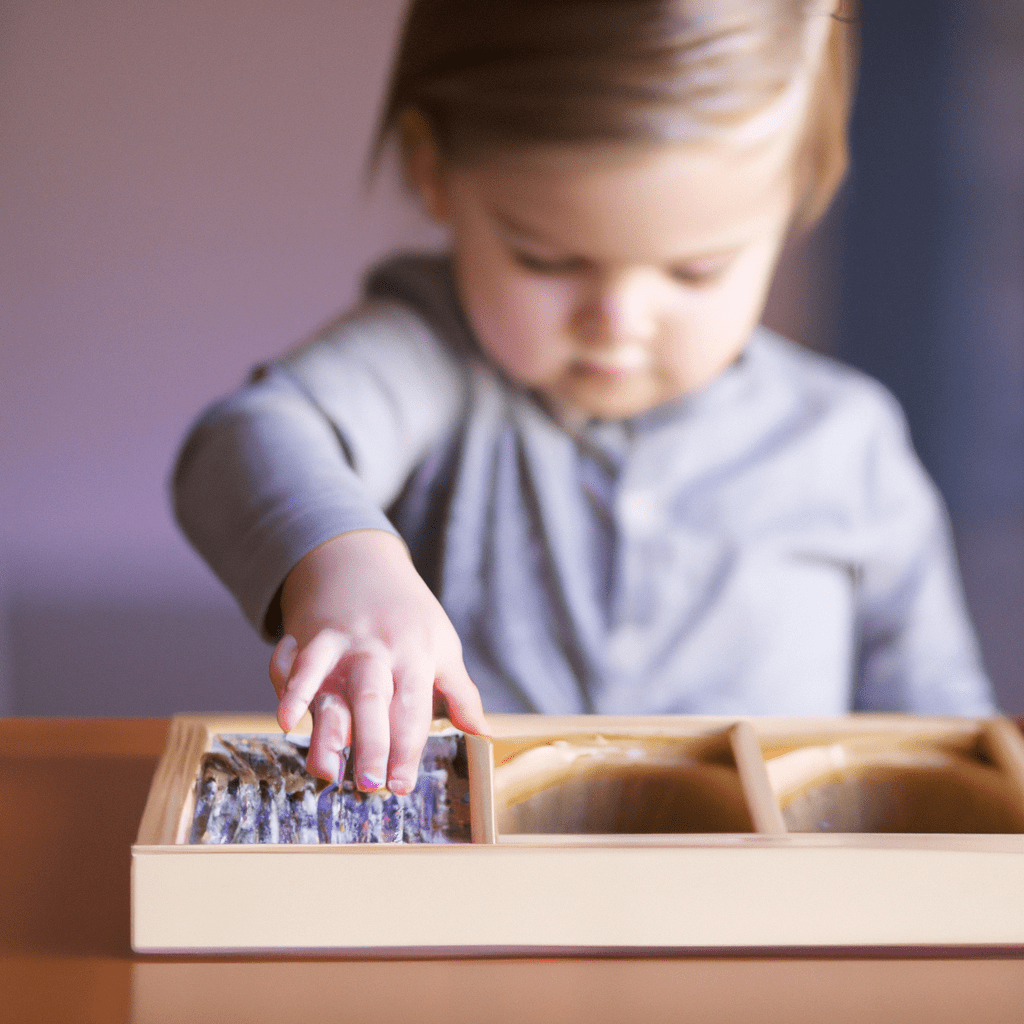 2 - A photograph capturing a child exploring a Montessori material, engrossed in the hands-on learning experience.. Sigma 85 mm f/1.4. No text.