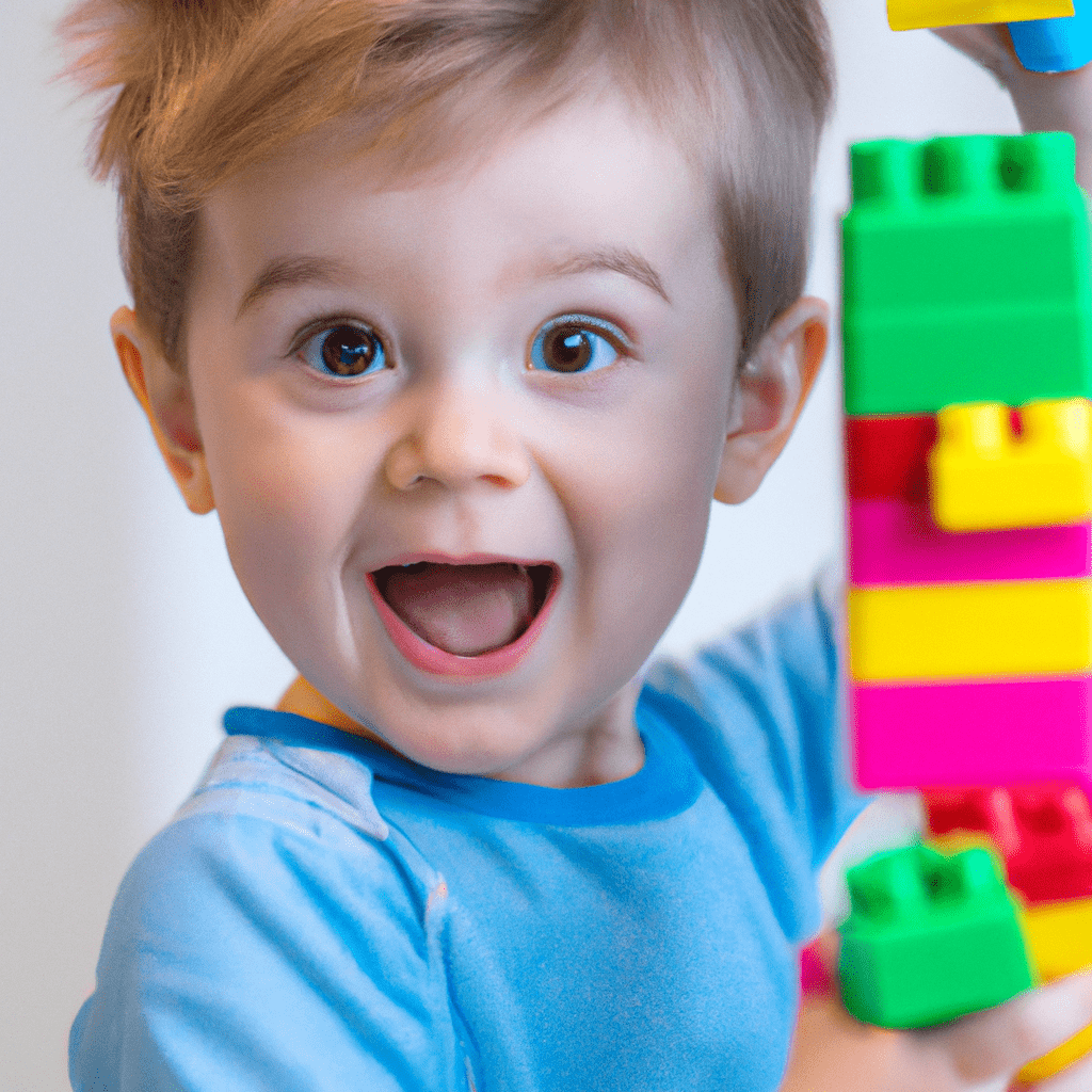 A child laughing and playing with colorful building blocks, their frustration forgotten through engaging in a fun and creative activity.. Sigma 85 mm f/1.4. No text.