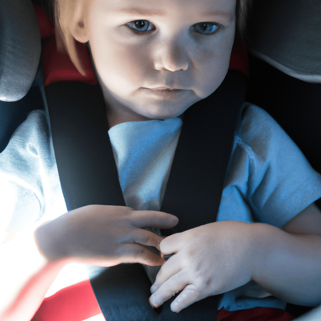 2 - A picture of a child securely fastened in a car seat with a safety belt cover, ensuring maximum comfort and protection during travel.. Sigma 85 mm f/1.4. No text.