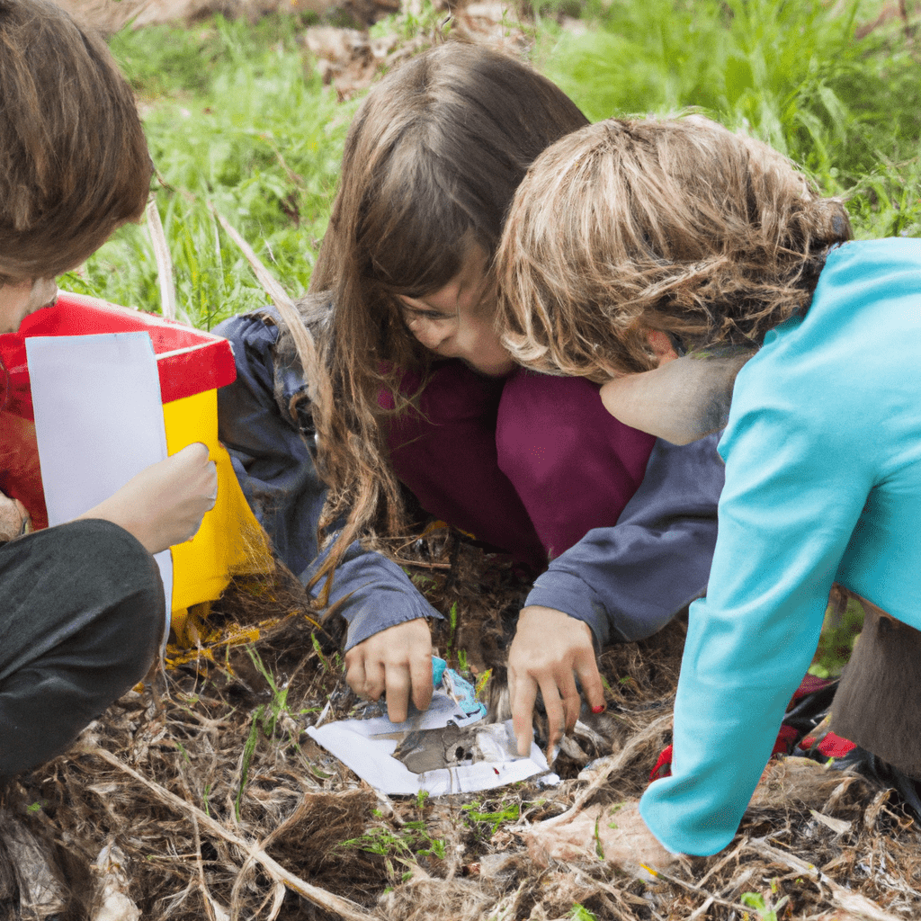 An image of children working together on a Montessori research project, exploring nature and learning about ecology.. Sigma 85 mm f/1.4. No text.