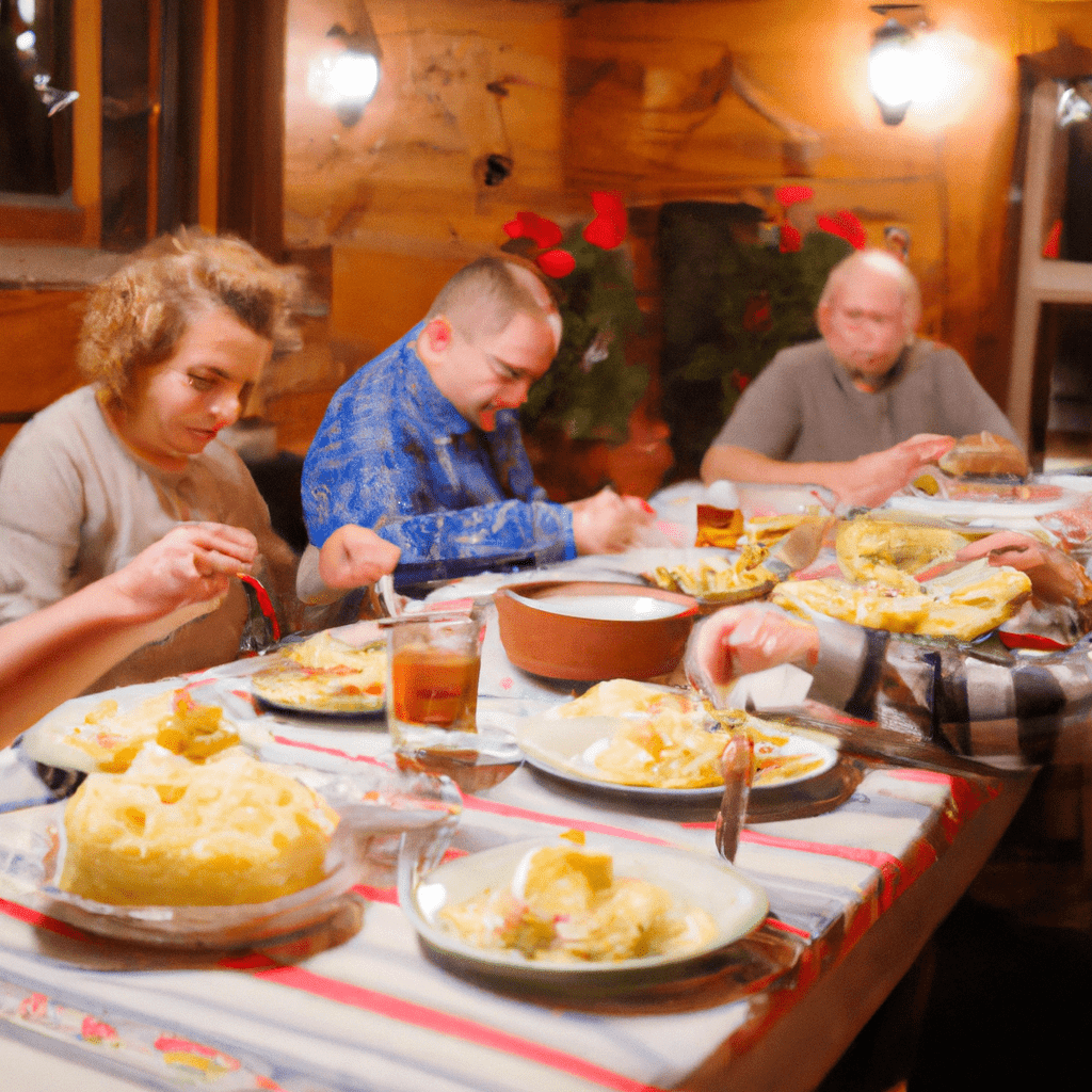 A photo capturing a delightful family meal in a cozy Czech cottage. Canon 50 mm f/1.8.. Sigma 85 mm f/1.4. No text.. Sigma 85 mm f/1.4. No text.