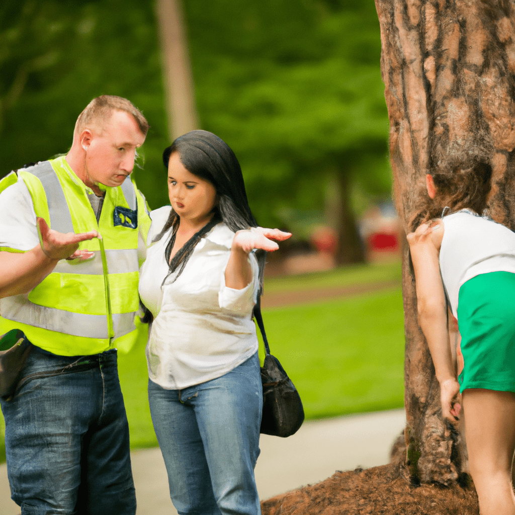 A worried parent seeking assistance from park staff while searching for their lost child. The desperate search continues.. Sigma 85 mm f/1.4. No text.
