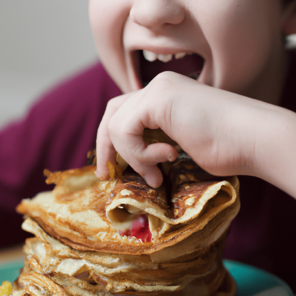 [Photo: A child eagerly tasting a colorful and nutritious plate of homemade pancakes with various fillings. Sigma 85mm f/1.4. No text.]. Sigma 85 mm f/1.4. No text.