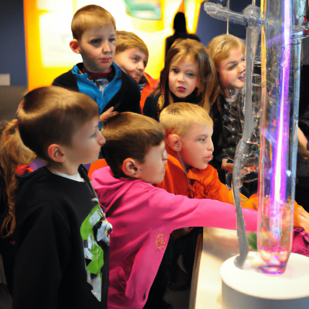 3 - A photo of a group of children excitedly exploring a hands-on science exhibit at a children's museum. Nikon 35mm f/1.8. No text.. Sigma 85 mm f/1.4. No text.