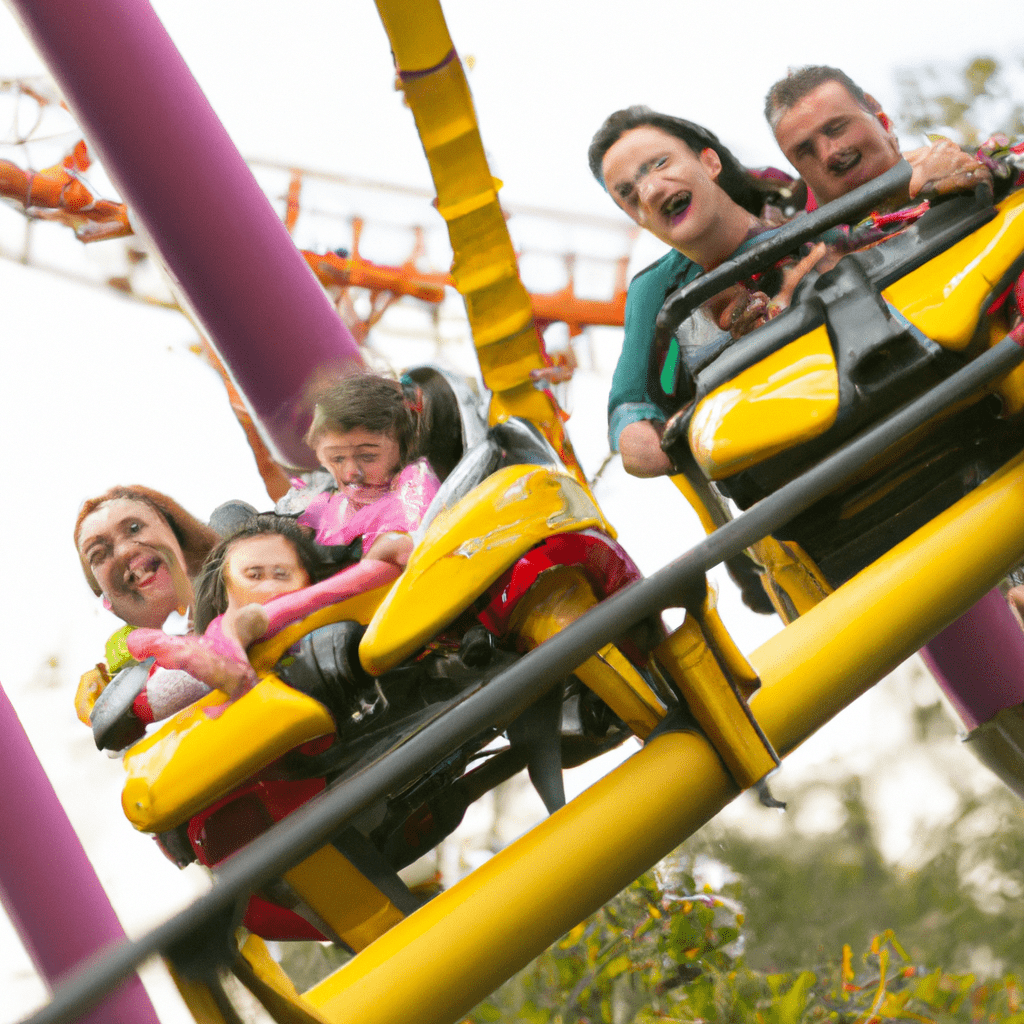 2 - [ ] A family enjoying a thrilling roller coaster ride in a Czech adventure park while using their skip-the-line tickets. Memories made while beating the queues!. Sigma 85 mm f/1.4. No text.