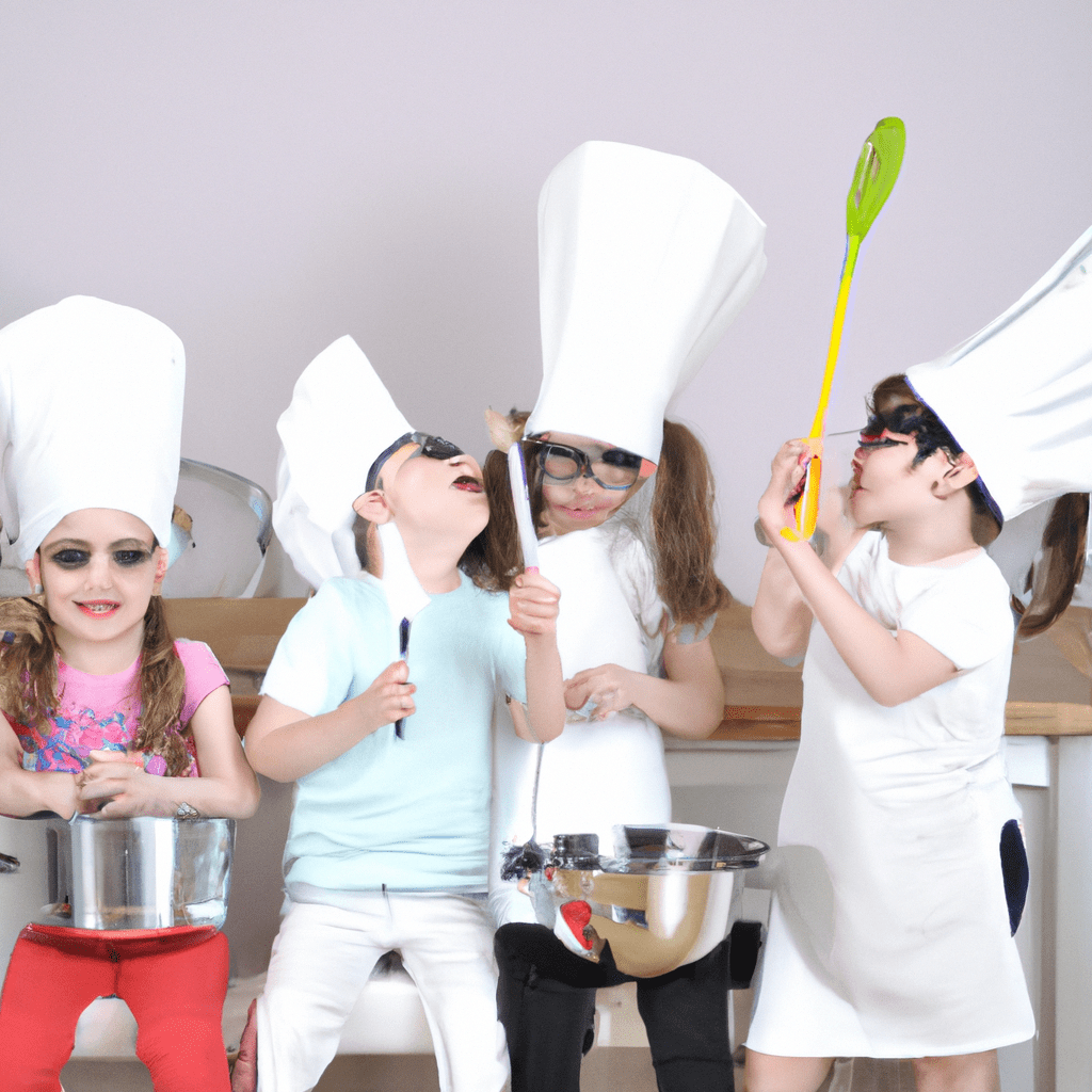 A group of children wearing chef hats, happily cooking together and using child-sized kitchen utensils. Creative and safe cooking experience for kids.. Sigma 85 mm f/1.4. No text.