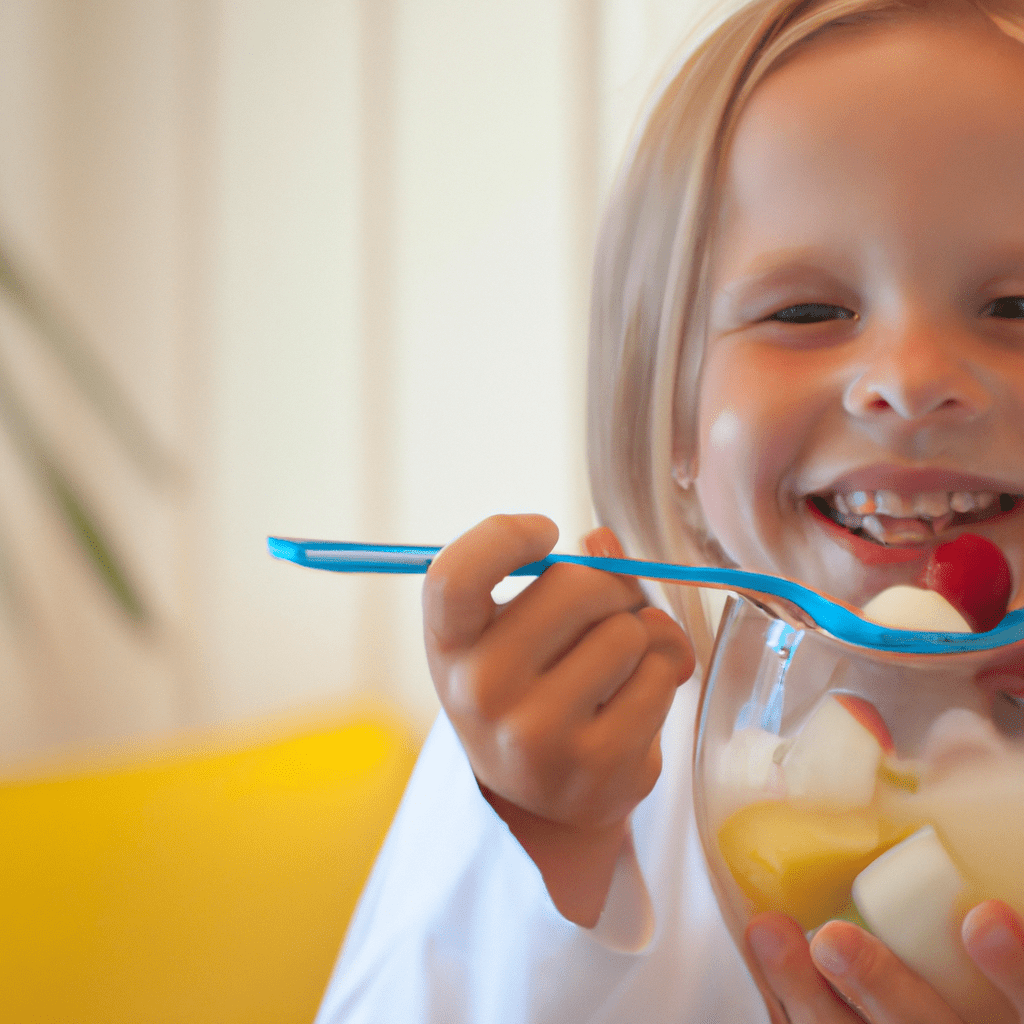 2 - [Photo: A happy child enjoying a colorful cup of fruit salad topped with a dollop of yogurt and a drizzle of honey.] Nikon 35mm f/1.8. No text.. Sigma 85 mm f/1.4. No text.