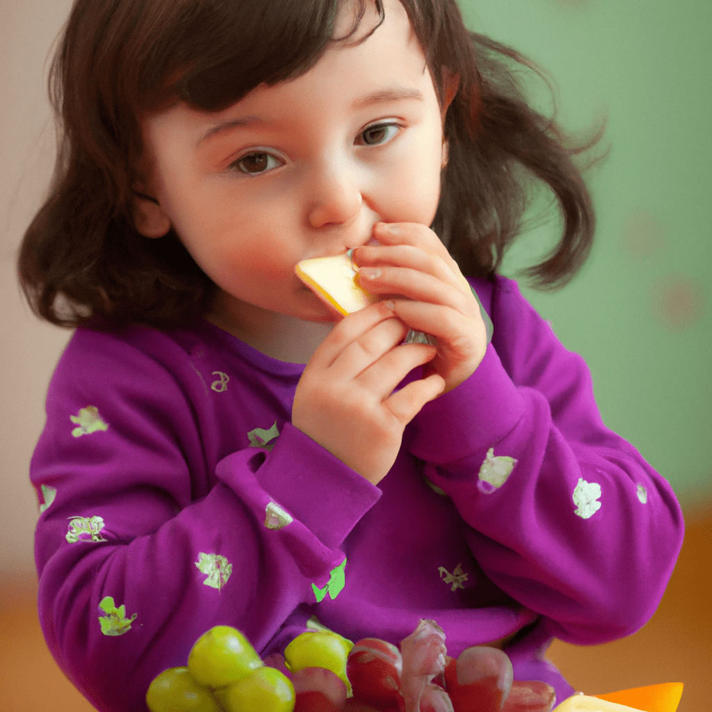 [Photo: A child happily munching on a colorful and nutritious fruit and cheese snack, the vibrant colors reflecting their enjoyment.]. Canon 50mm f/1.8. No text.. Sigma 85 mm f/1.4. No text.