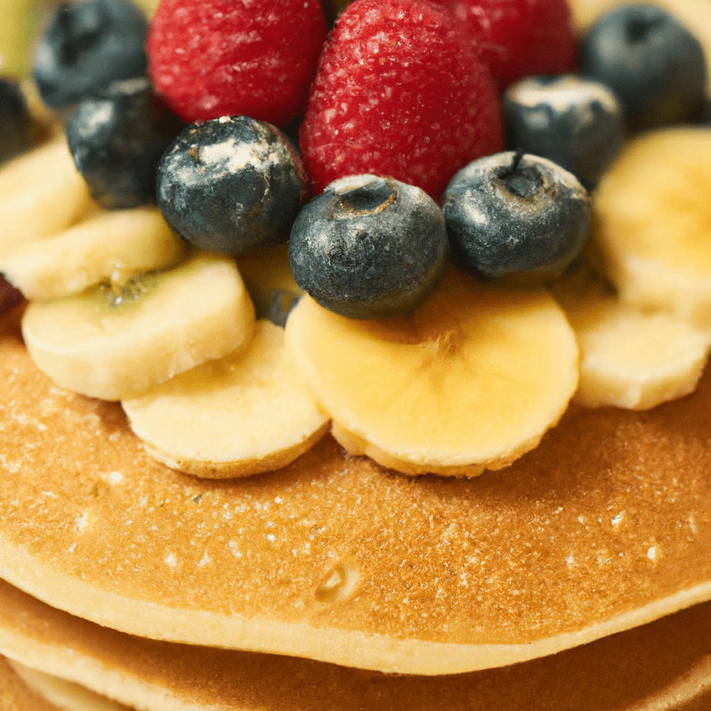 [Image: Healthy pancakes with a variety of fruits as toppings.]. Sigma 85 mm f/1.4. No text.