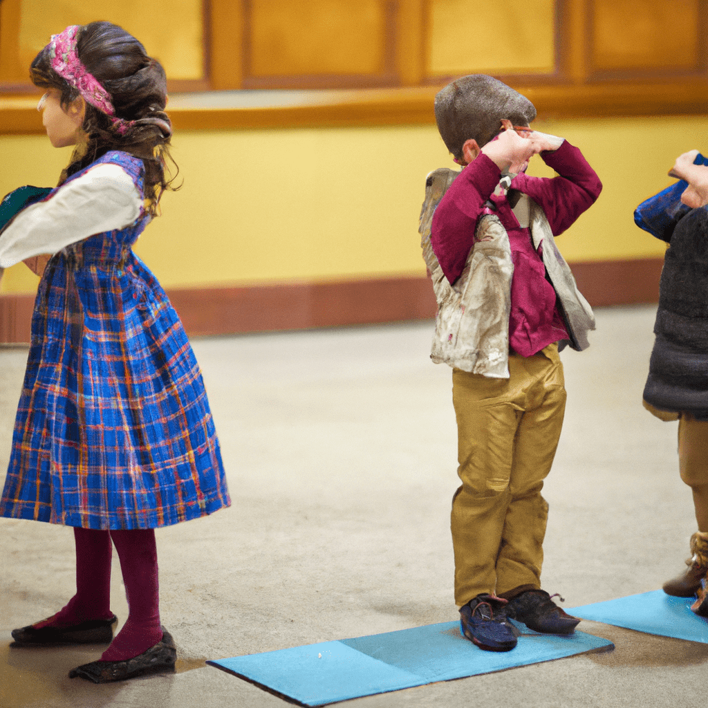 A photo of children dressed in traditional costumes participating in a interactive game about cultural traditions at a museum.. Sigma 85 mm f/1.4. No text.