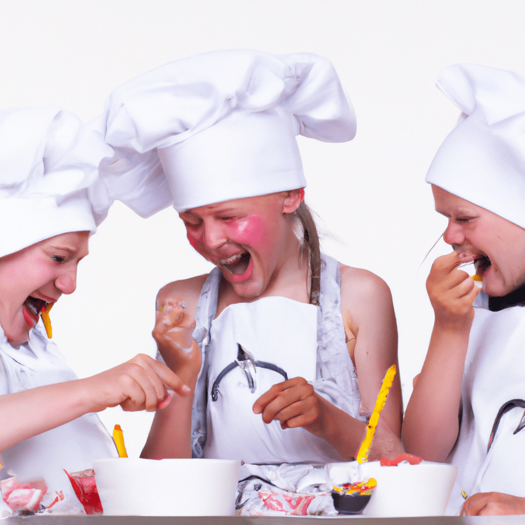 2 - A group of children wearing chef hats, smiling and competing in a cooking challenge. Exciting and fun cooking experience for kids.. Sigma 85 mm f/1.4. No text.