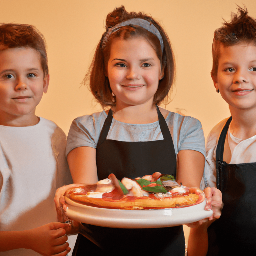 [Image: Kids cooking together, smiling and holding a delicious homemade pizza.]. Sigma 85 mm f/1.4. No text.
