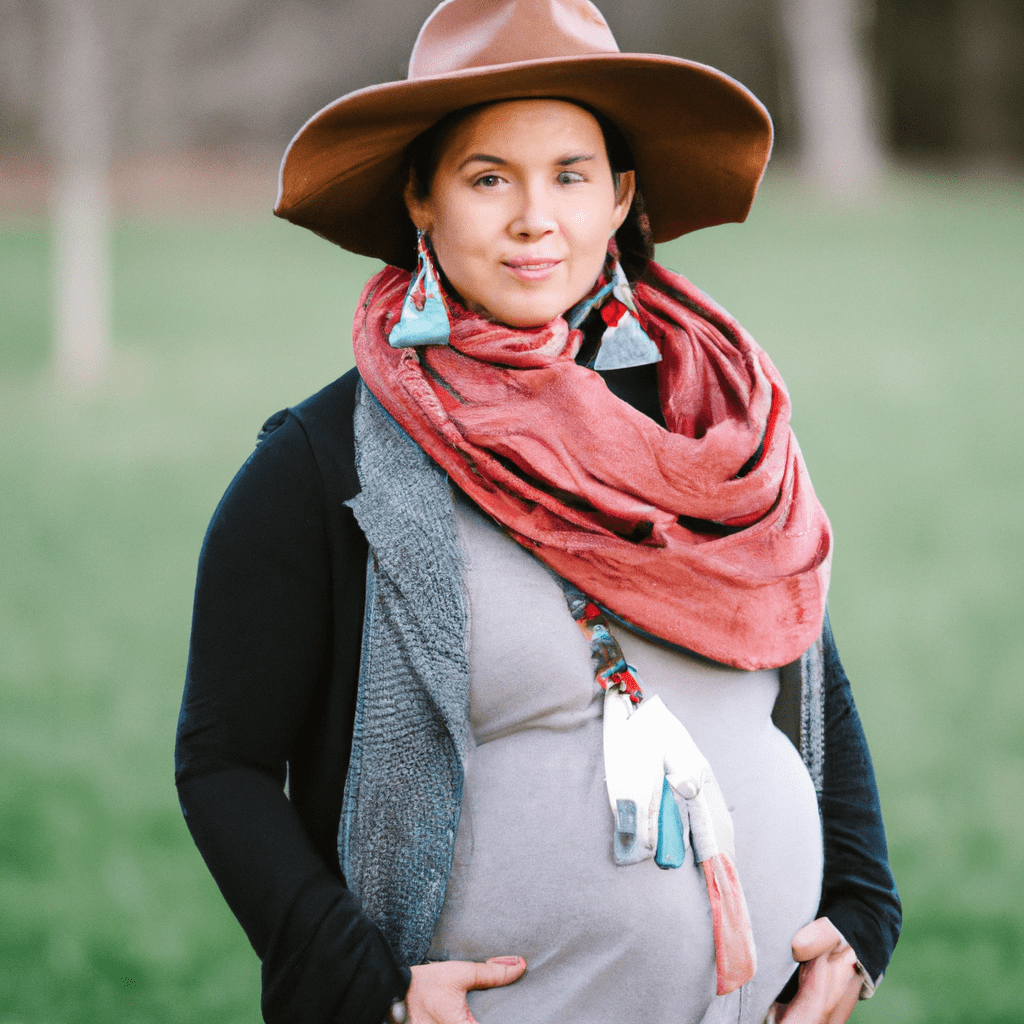 A photo of a pregnant woman accessorizing her maternity outfit with stylish and practical accessories, such as a scarf, hat, and earrings. She looks confident and comfortable in her outfit choice. Sigma 85 mm f/1.4. No text.. Sigma 85 mm f/1.4. No text.