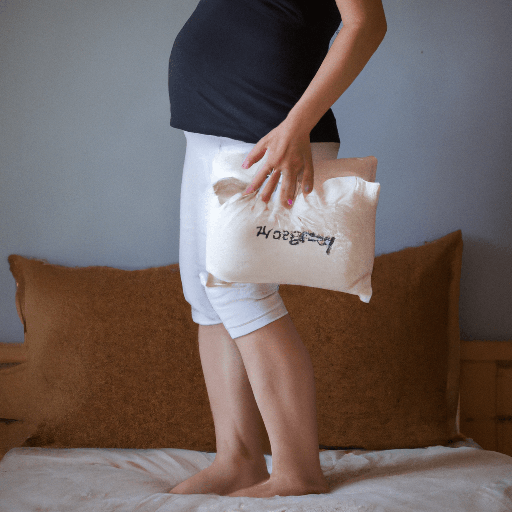 A photo of a pregnant woman properly lifting a box with the help of a support pillow under her knees.. Sigma 85 mm f/1.4. No text.