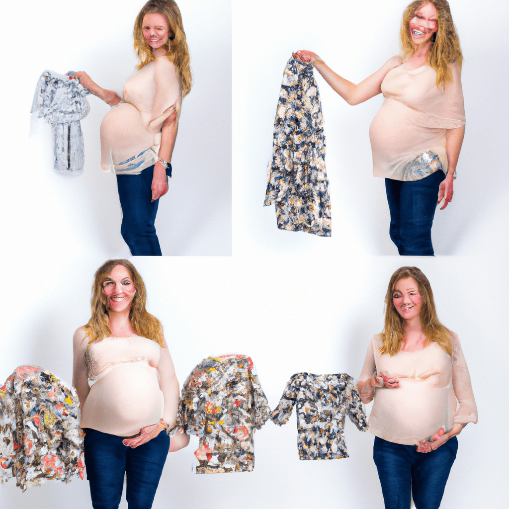 A photo of a pregnant woman trying on stylish and comfortable maternity clothes with a variety of options to choose from.. Sigma 85 mm f/1.4. No text.