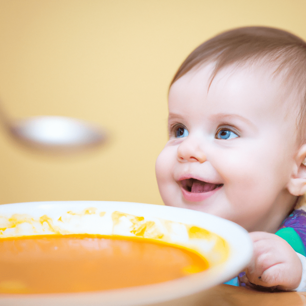 [Photo: A smiling baby enjoying a bowl of colorful vegetable soup.]. Sigma 85 mm f/1.4. No text.