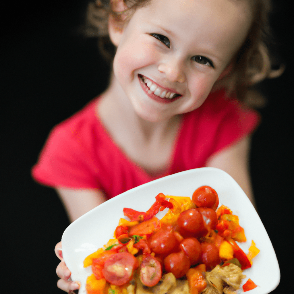 [Photo: A smiling child holding a plate of colorful and nutritious food, eager to dig in.]. Sigma 85 mm f/1.4. No text.