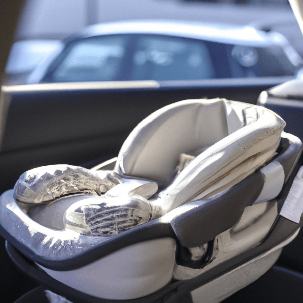 A picture of a portable crib securely fastened in a car, providing a comfortable and safe environment for a sleeping baby during travels.. Sigma 85 mm f/1.4. No text.