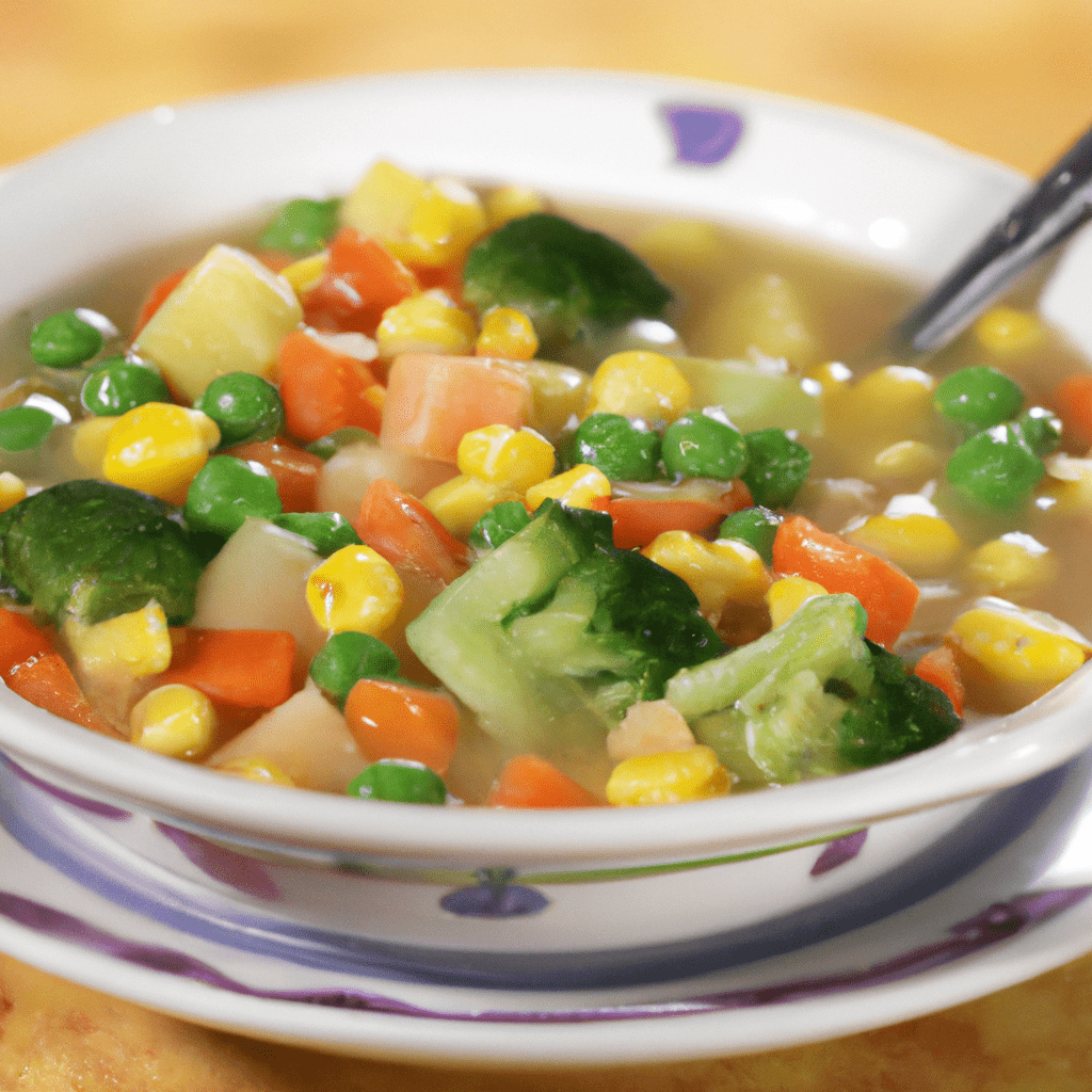 2 - [Photo: A bowl of vegetable soup with a variety of colorful veggies, including corn, broccoli, carrots, and peas. The soup looks delicious and nutritious.]. Sigma 85 mm f/1.4. No text.