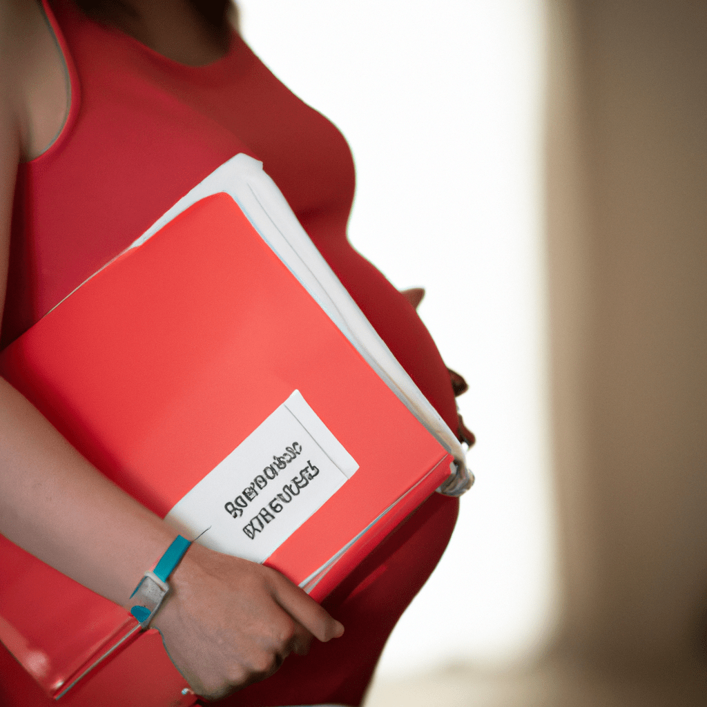 A photo of a woman holding a folder with important documents for her upcoming childbirth.. Sigma 85 mm f/1.4. No text.
