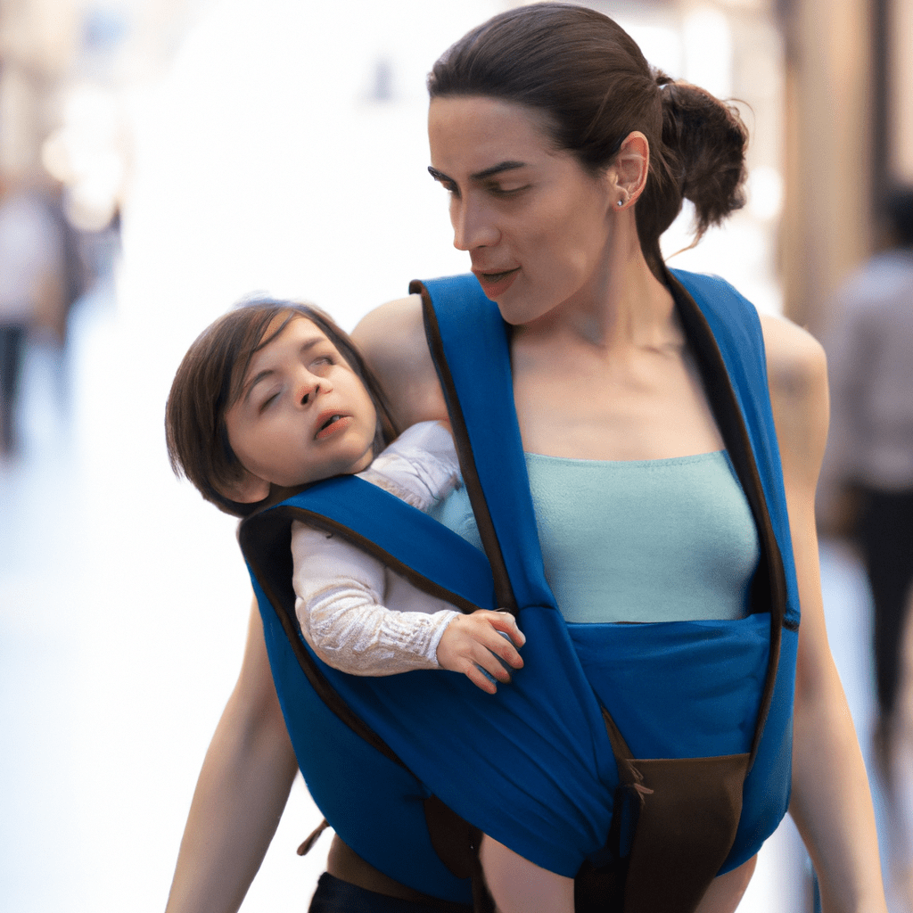 [An active mother carrying her baby in a comfortable baby carrier while traveling in a crowded city]. Sigma 85 mm f/1.4. No text.