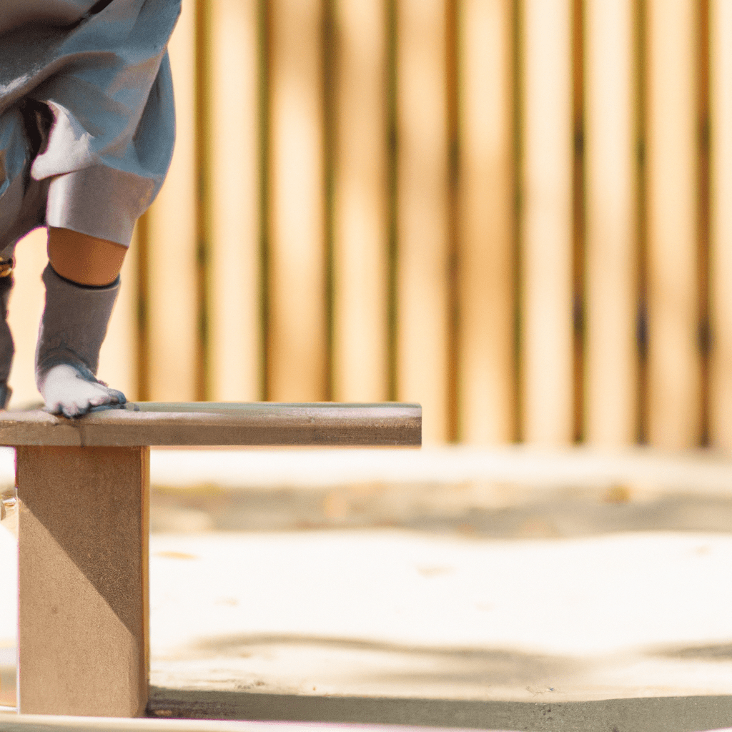 [The photo shows a child playing on a balance beam, symbolizing the importance of balance in Montessori education.]. Sigma 85 mm f/1.4. No text.