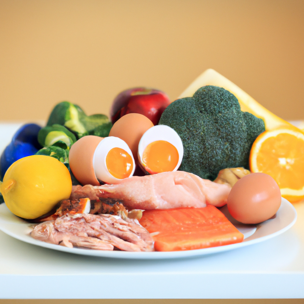 A photo of a plate filled with protein-rich foods like fish, meat, eggs, and dairy products, alongside a variety of fruits and vegetables, representing the importance of a balanced diet for healthy hair.. Sigma 85 mm f/1.4. No text.