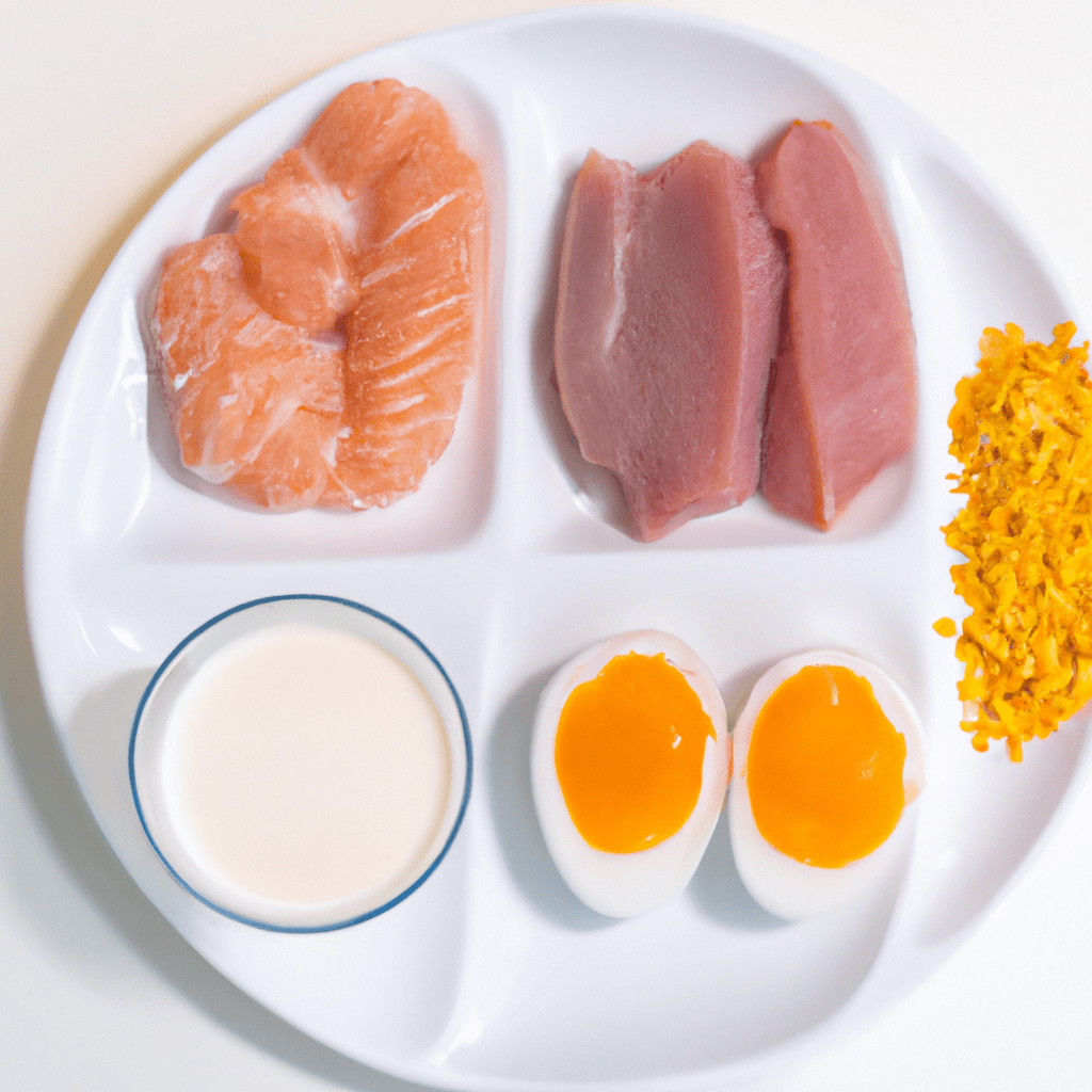A photo of a balanced dinner plate with high-quality protein sources, such as meat, fish, eggs, and dairy products, to provide essential amino acids for children's growth and development.. Sigma 85 mm f/1.4. No text.