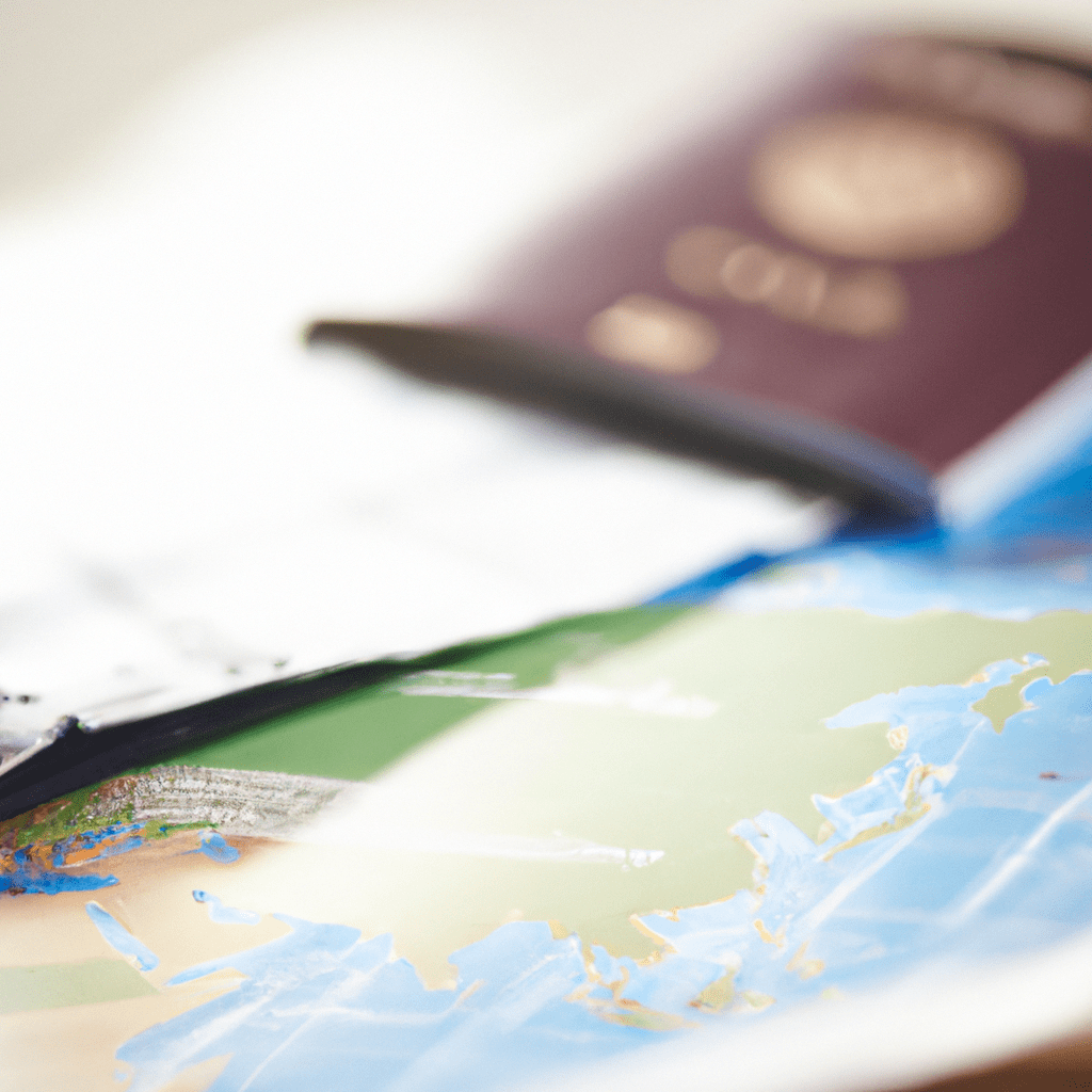 [A blurred passport and a plane ticket lying on a table with a travel guide and a world map in the background.]. Sigma 85 mm f/1.4. No text.