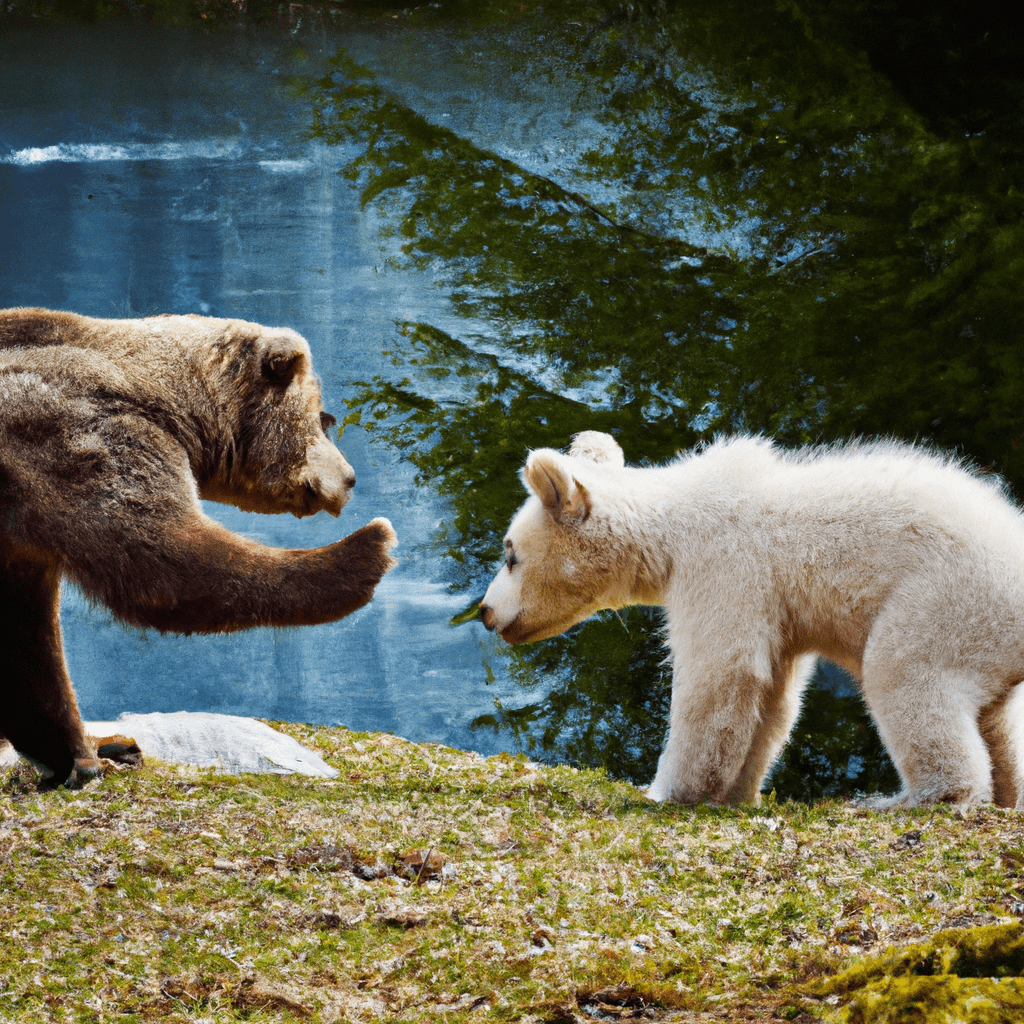 5 - A brave bear named Hugo, protecting and caring for a lonely bear cub in the wilderness. [Hugo, the brave bear, teaching the cub important survival skills with love and determination.]. Nikon 70-200 mm f/2.8. No text.. Sigma 85 mm f/1.4. No text.