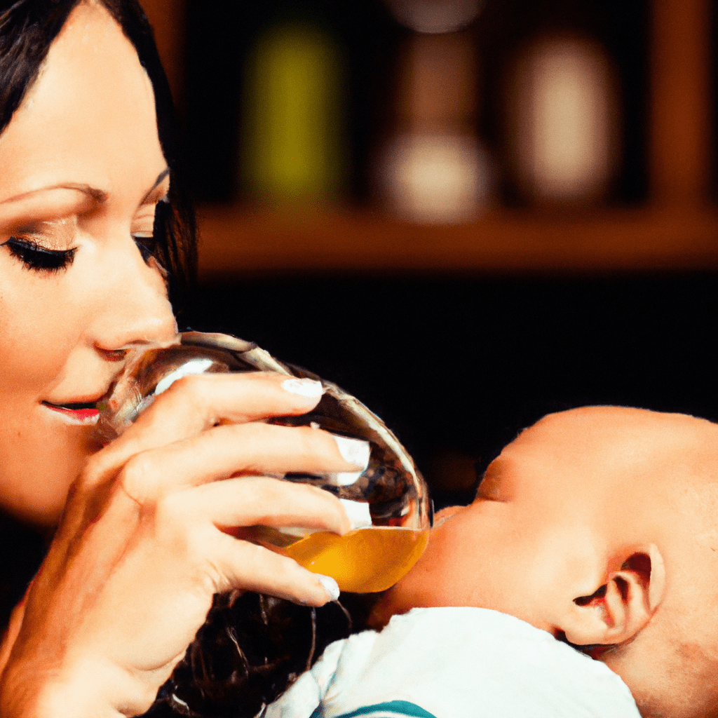 [Image: A mother breastfeeding her baby with a glass of alcohol in the background.] 