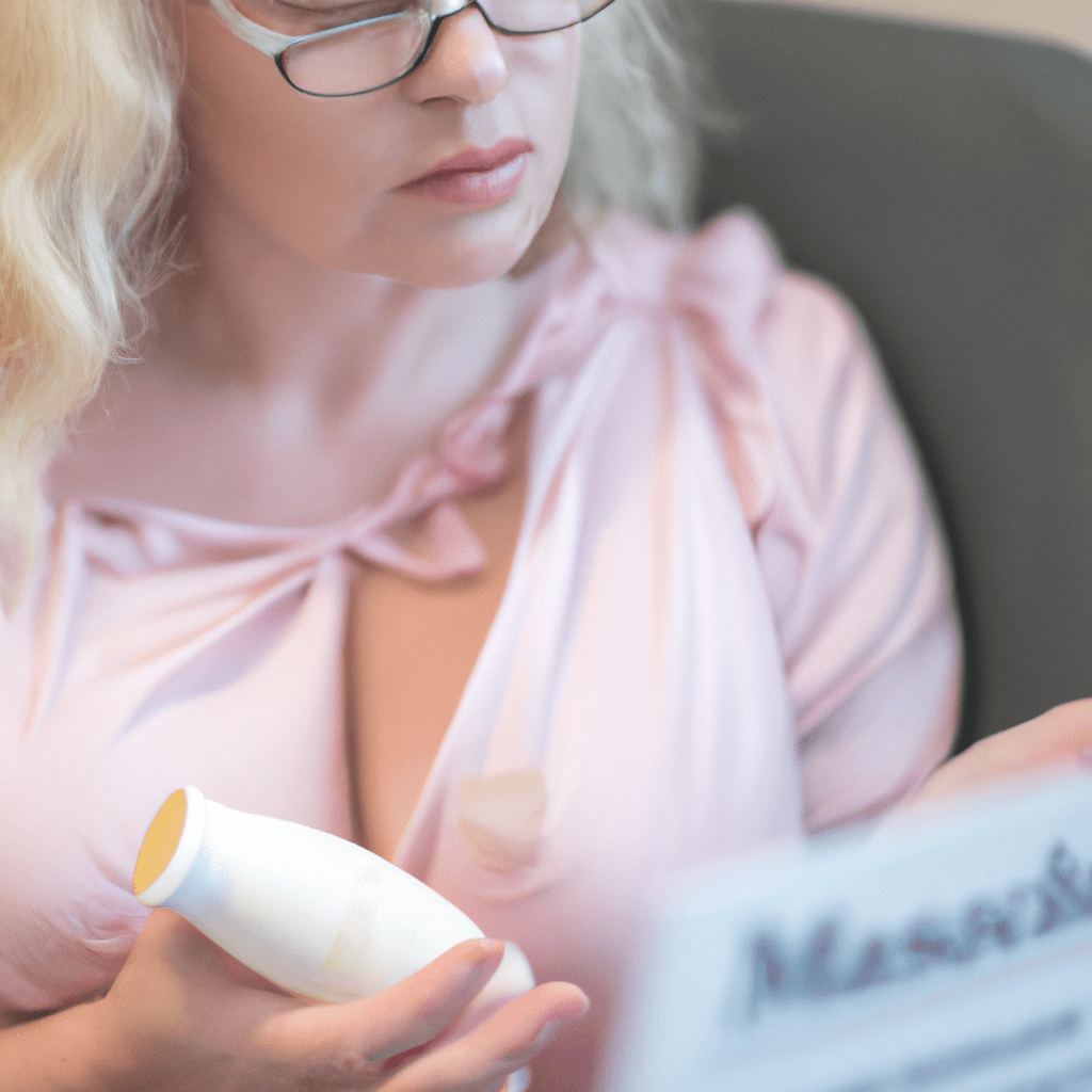 [A photo of a breastfeeding mother carefully reading the ingredients on a cosmetic product.]. Sigma 85 mm f/1.4. No text.