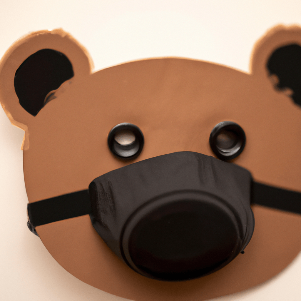 2 - A photo of a brown bear mask with black button eyes and a cardboard snout. Elastic bands are attached on the sides for easy wearing.. Sigma 85 mm f/1.4. No text.