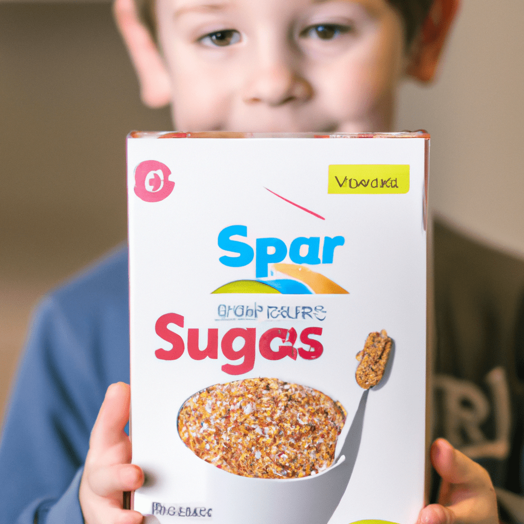 A photo of a child holding a cereal box with a sugar content label, highlighting the importance of choosing cereals with low sugar content for children's health. Sigma 50 mm f/1.8. No text.. Sigma 85 mm f/1.4. No text.