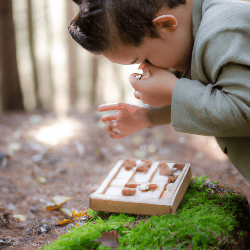 A child exploring nature with Montessori materials in a beautiful forest setting. Nikon D750, 50mm f/1.8. No text.. Sigma 85 mm f/1.4. No text.