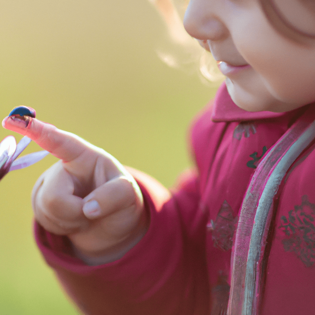 [Child observing a ladybug on a flower]. Sigma 85 mm f/1.4. No text.