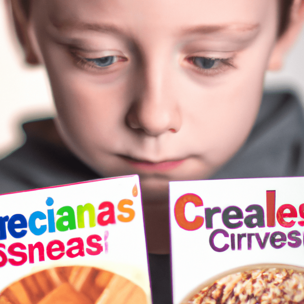 A photo of a child carefully reading cereal box labels, emphasizing the importance of avoiding excessive marketing when choosing healthy options for children. Sigma 50 mm f/1.8. No text.. Sigma 85 mm f/1.4. No text.