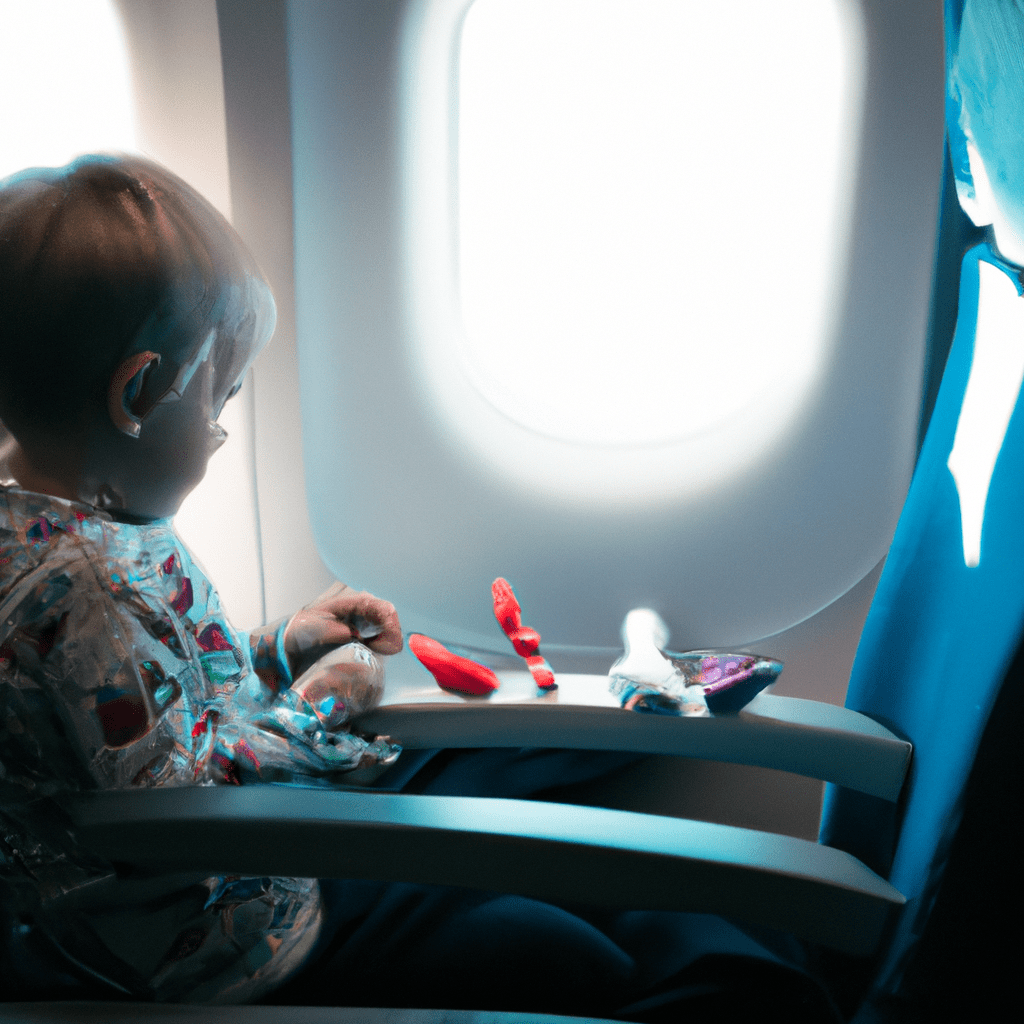 A photo of a child playing with colorful toys and games on a plane.. Sigma 85 mm f/1.4. No text.