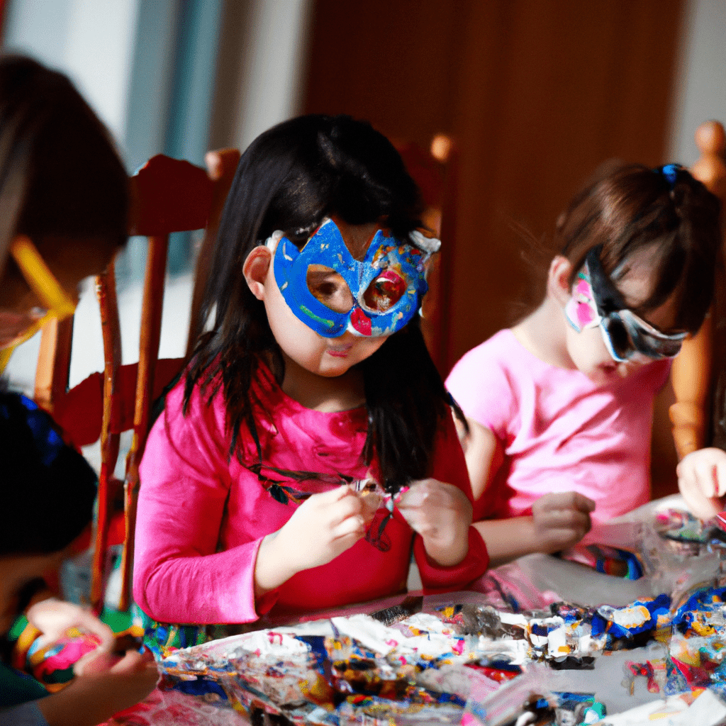 A photo of children doing crafts, sticking various decorations onto masks using glue. They are using their imagination and creativity to make unique designs. Sigma 85 mm f/1.4. No text.. Sigma 85 mm f/1.4. No text.
