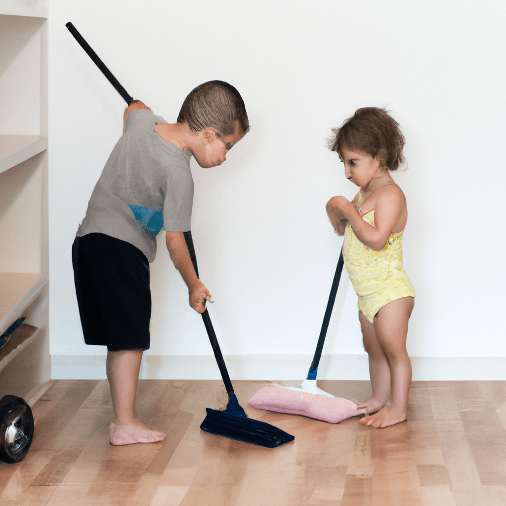 [Two children working together to clean the house, one sweeping the floor and the other wiping the dust off the furniture.]. Sigma 85 mm f/1.4. No text.