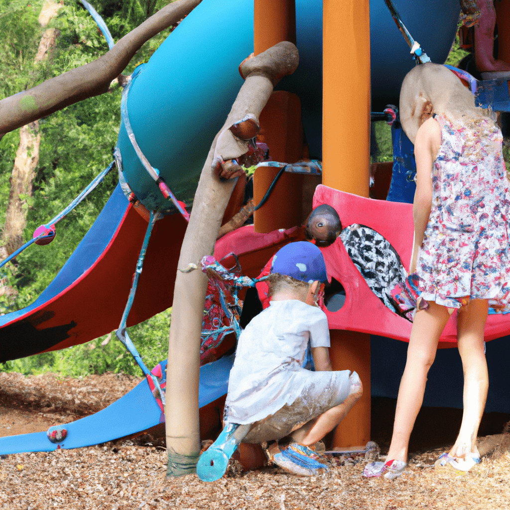 Children playing and exploring in a vibrant playground at the zoo. Canon 70-200 mm f/2.8. No text.. Sigma 85 mm f/1.4. No text.