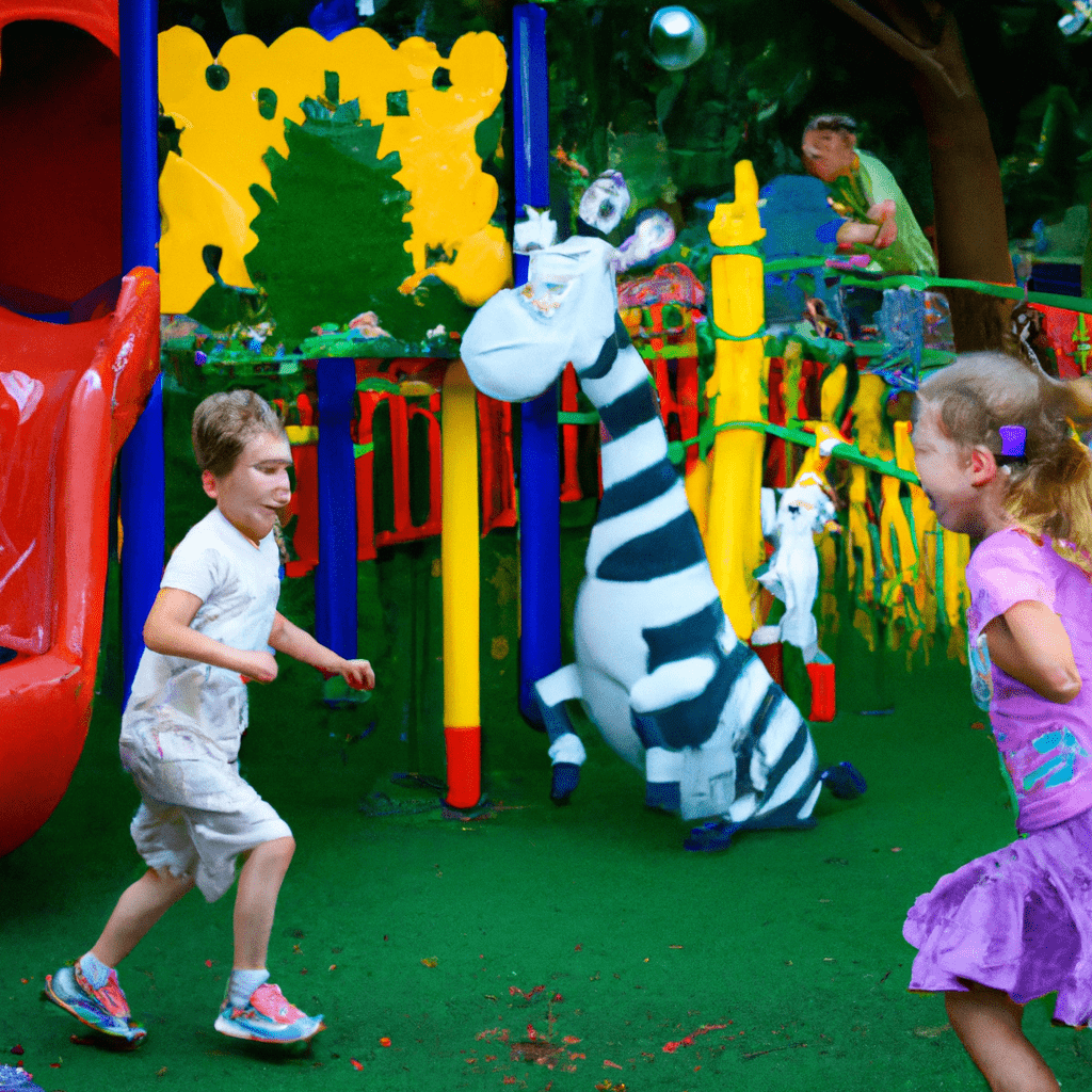 [Children running and playing in a colorful playground in the zoo.]. Sigma 85 mm f/1.4. No text.