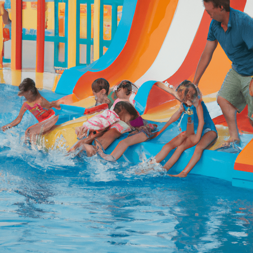 [Image: Children participating in water activities with animators in an aquapark]. Sigma 85 mm f/1.4. No text.