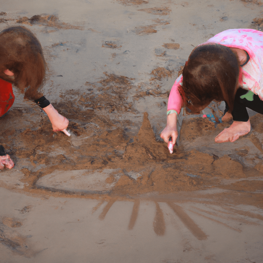 2 - A photo of children drawing in the sand, using their creativity and developing their fine motor skills. Canon 50 mm f/1.8. No text.. Sigma 85 mm f/1.4. No text.