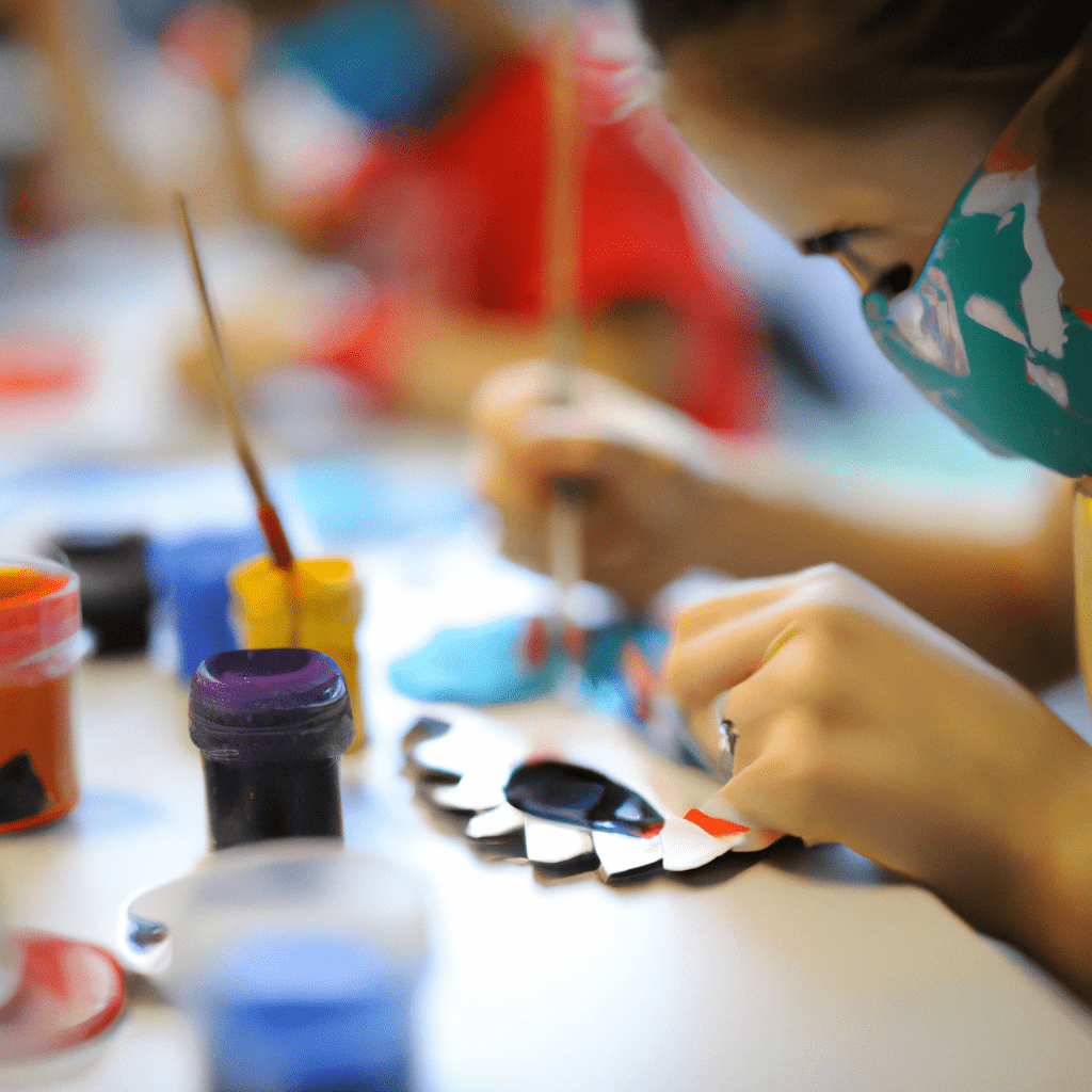 A photo of children painting masks with colorful acrylic paints and brushes. They are fully engaged in their creative process, adding unique designs and patterns to their masks.. Sigma 85 mm f/1.4. No text.