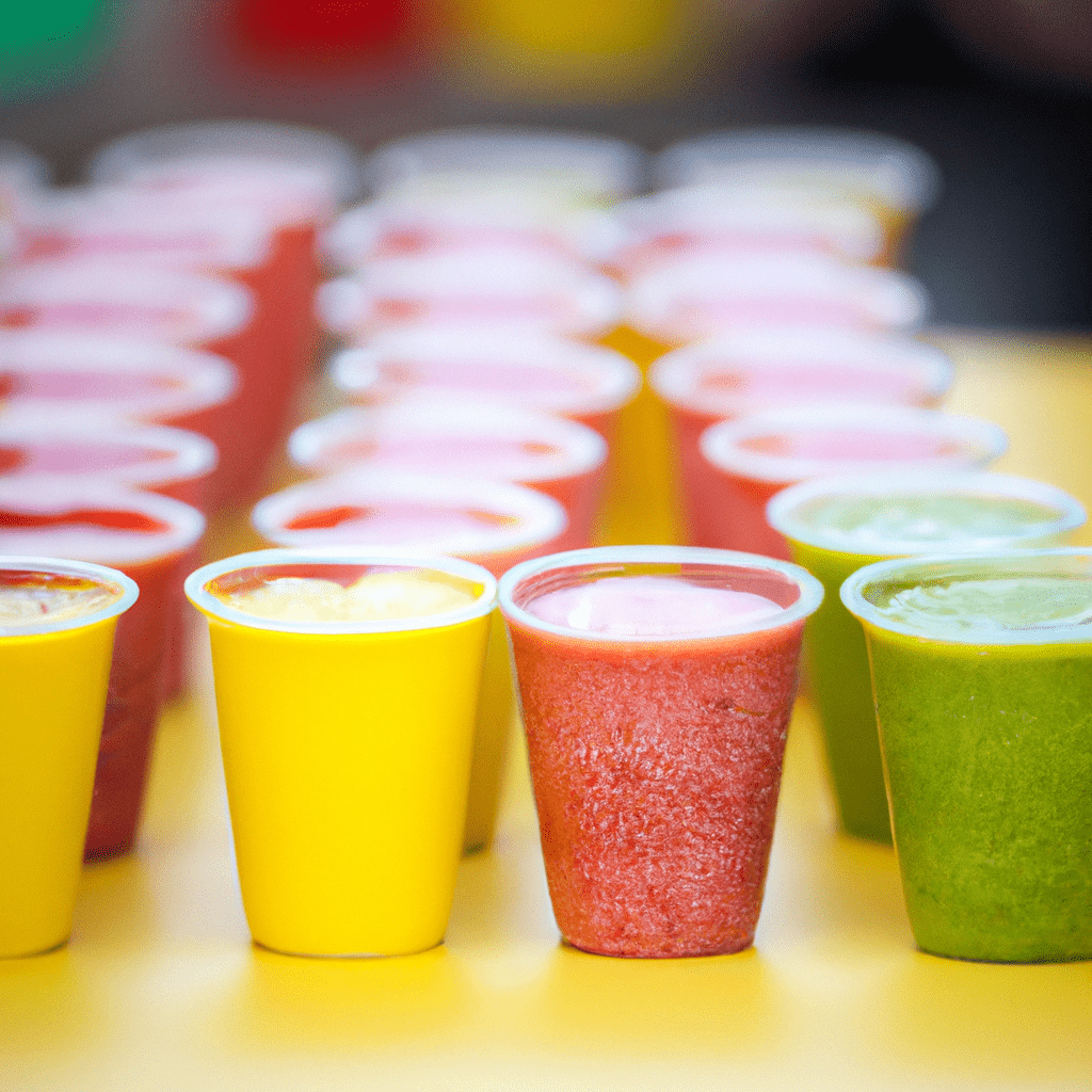 [An colorful array of fresh, homemade fruit smoothies in children's-sized cups.]. Sigma 85 mm f/1.4. No text.