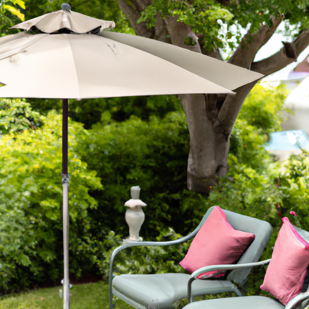2 - A photo of a cozy outdoor seating area with comfortable chairs and a shade umbrella, perfect for mothers to relax and unwind in their garden.. Sigma 85 mm f/1.4. No text.