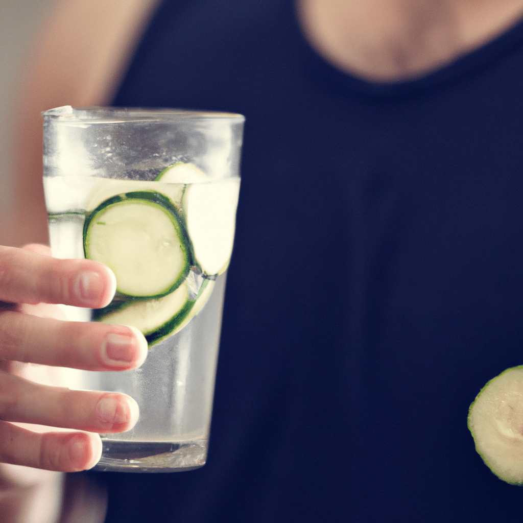 2 - [Photo]: Person holding a glass of water with cucumber and fruit slices, enjoying a refreshing and hydrating smoothie.. Sigma 85 mm f/1.4. No text.