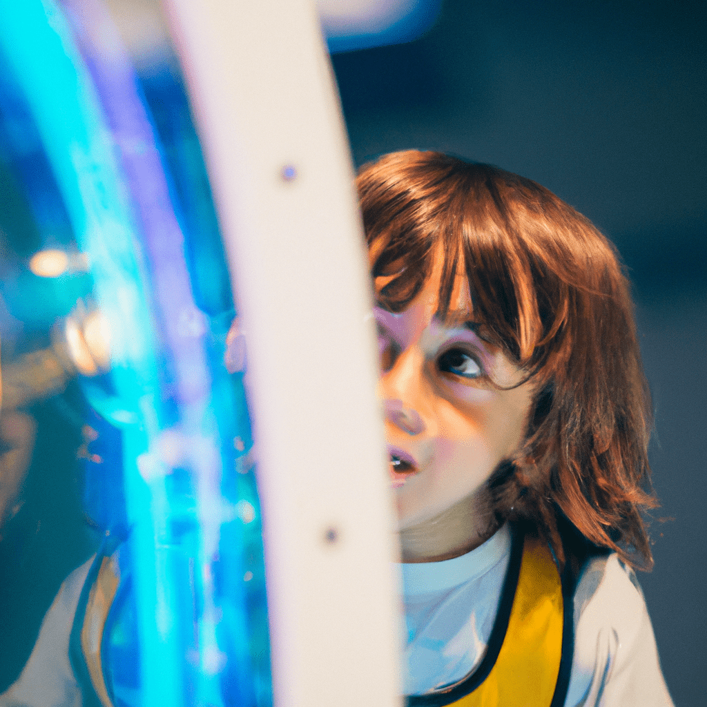 A child, with wide eyes and a curious expression, eagerly exploring a futuristic science exhibit at TECHMANIA Science Center. Unleashing their imagination and fostering a love for science and technology. Sigma 85 mm f/1.4. No text.. Sigma 85 mm f/1.4. No text.